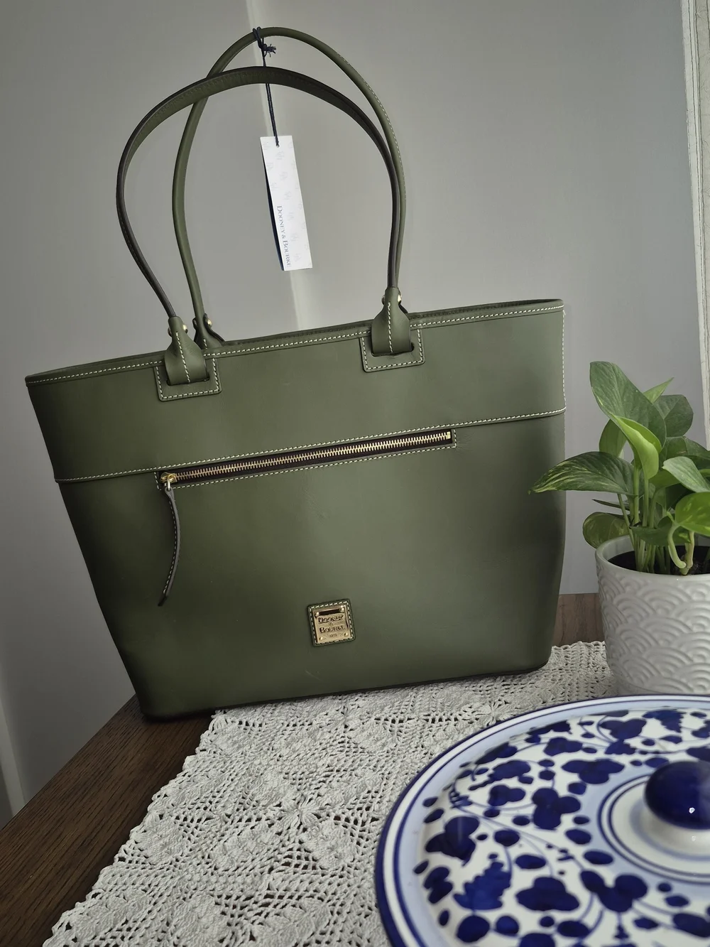 Dooney & Bourke Olive Green Beacon  Leather Tote with Front Zip Pocket
